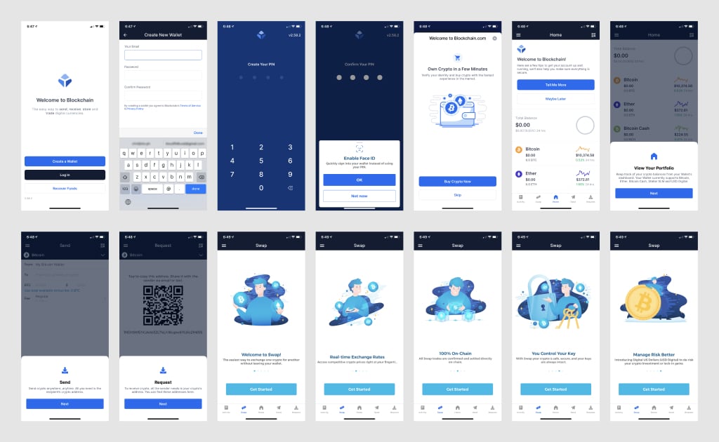 Screenshots of the first-time user experience of the blockchain.com bitcoin wallet