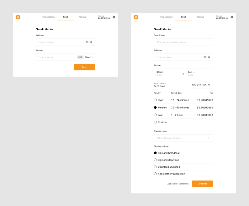 Interface design examples of two send screens with different levels of complexity