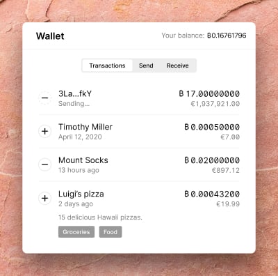Illustrative interface of a wallet application