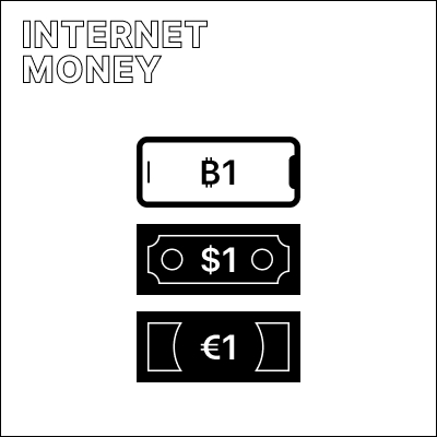 Illustration of a dollar bill, a euro bill and a smartphone showing a one bitcoin balance